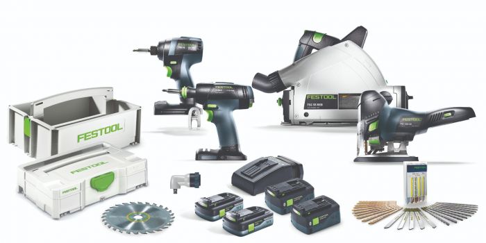 Festool systainers, cordless miter saws, drills, battery packs, and sanders
