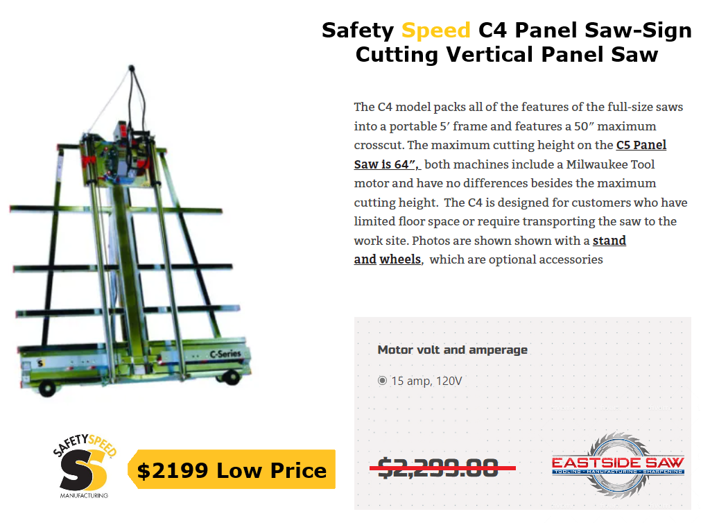 Safety Speed C4 Panel Saw-Sign Cutting Vertical Panel Saw Discounted Online Price $2199